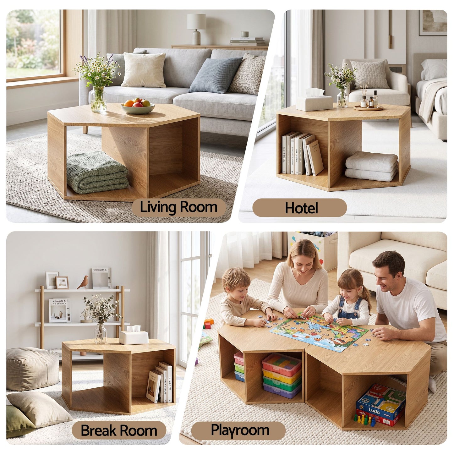 Isagoras Coffee Table Hexagonal Center Table with Open Storage 2-Way Display Side Table - Wood