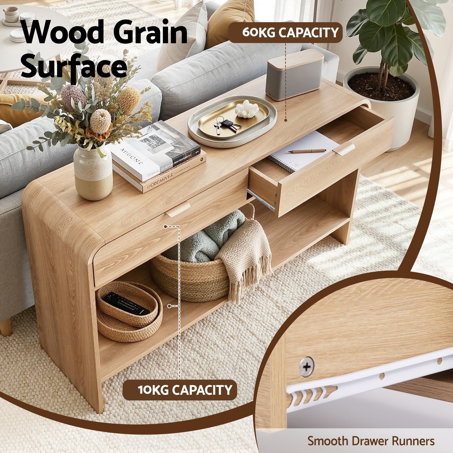 Console Table Hallway Entryway Storage Drawer Shelf Curved Edge 120CM - Pine