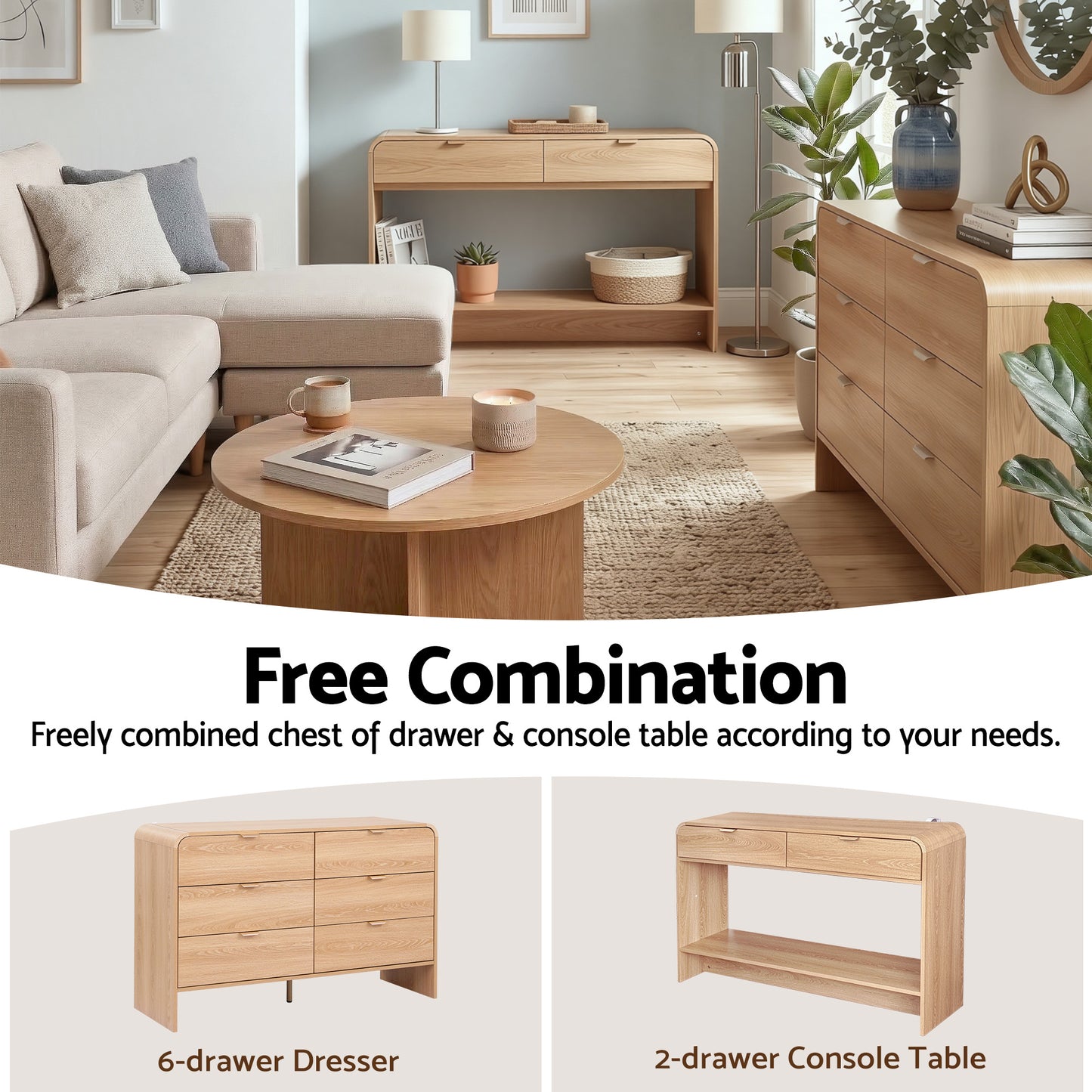 Console Table Hallway Entryway Storage Drawer Shelf Curved Edge 120CM - Pine