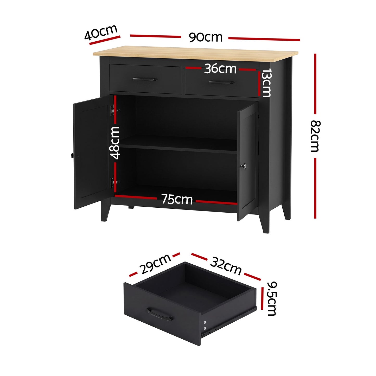Thatcher Buffet Sideboard Storage Cabinet Kitchen Cupboard Hallway 2 Drawers - Black