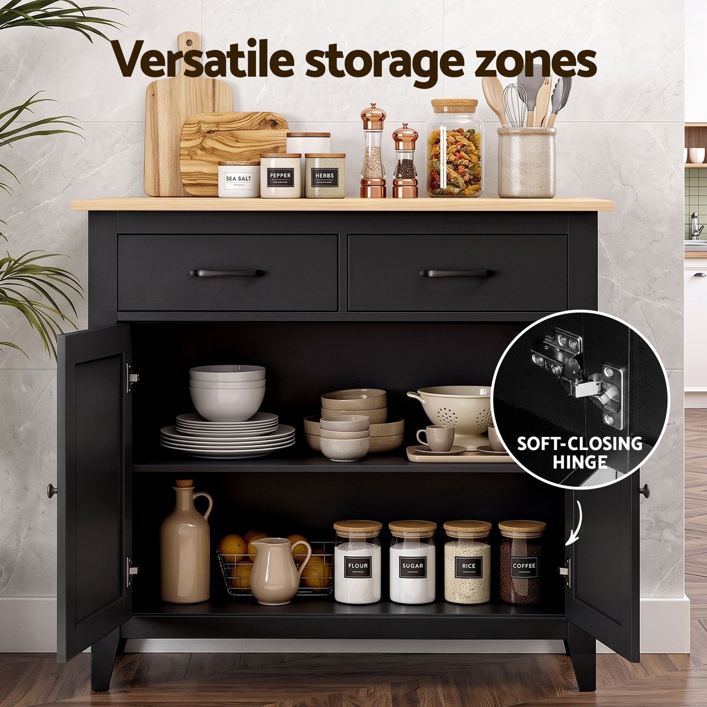 Thatcher Buffet Sideboard Storage Cabinet Kitchen Cupboard Hallway 2 Drawers - Black
