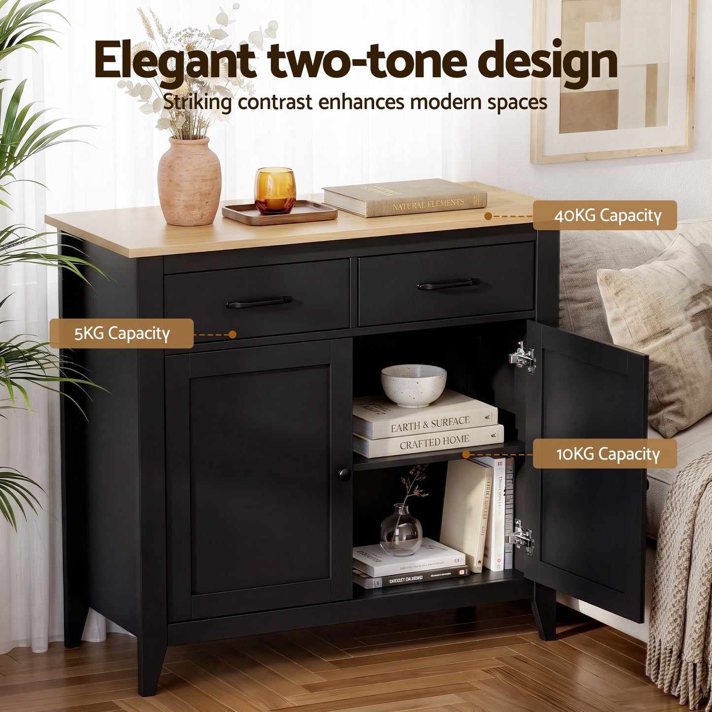 Thatcher Buffet Sideboard Storage Cabinet Kitchen Cupboard Hallway 2 Drawers - Black
