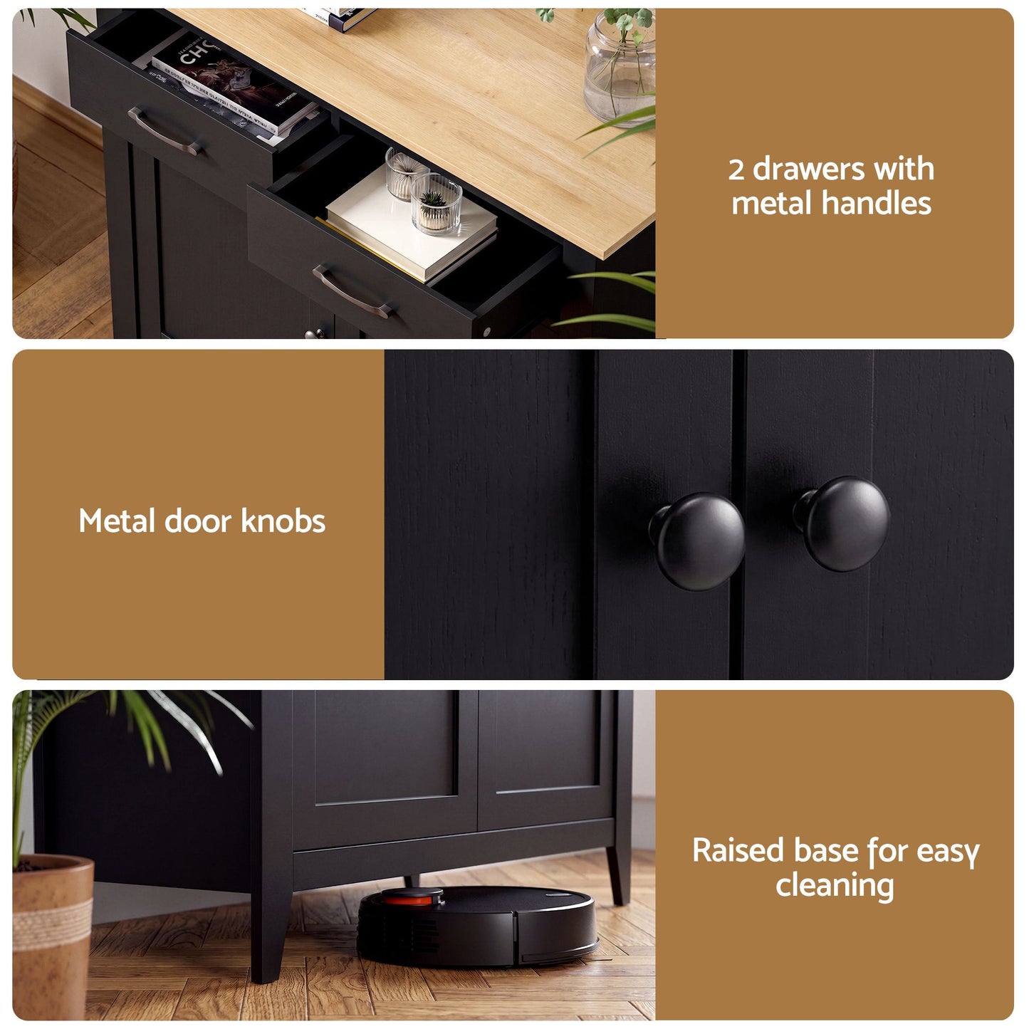 Thatcher Buffet Sideboard Storage Cabinet Kitchen Cupboard Hallway 2 Drawers - Black