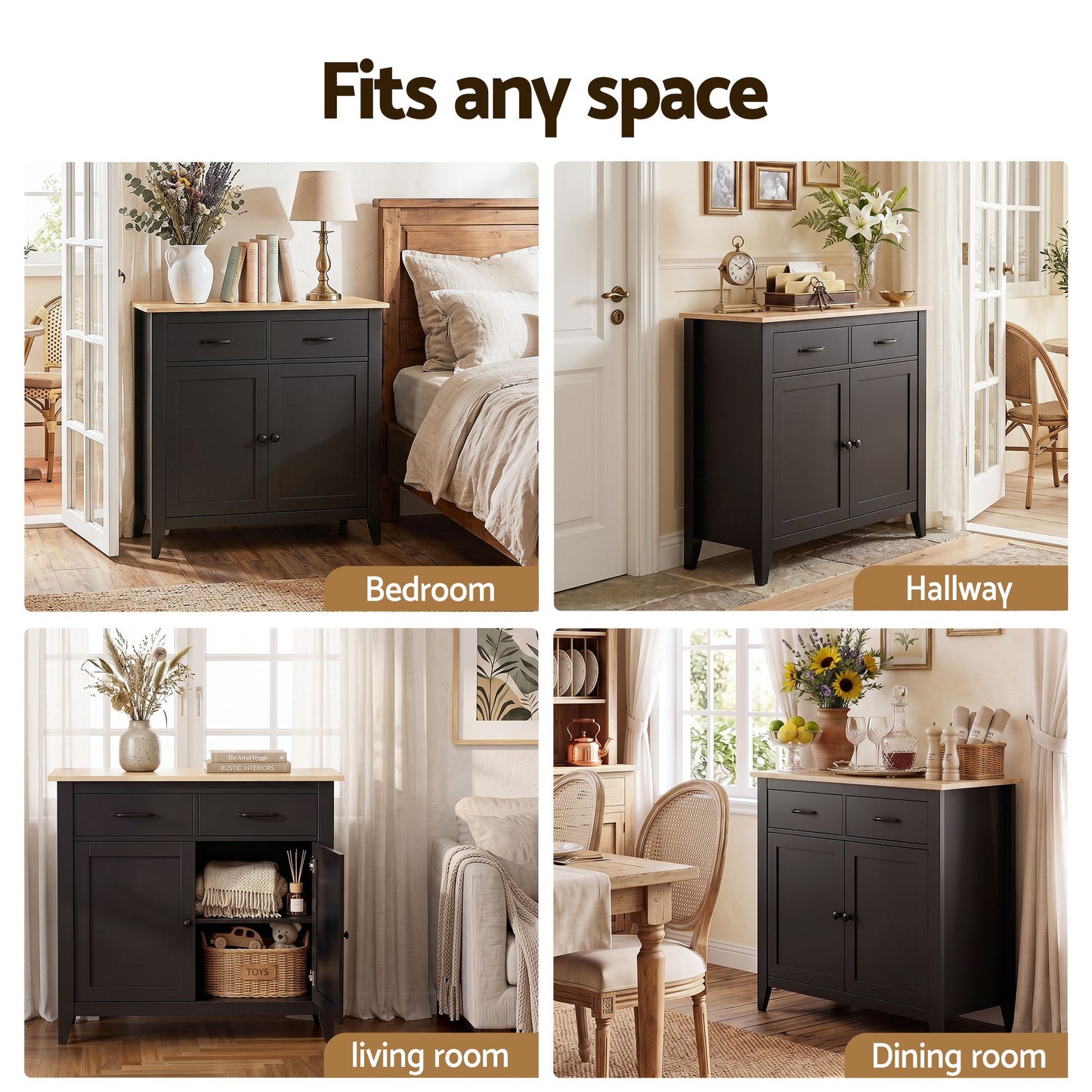 Thatcher Buffet Sideboard Storage Cabinet Kitchen Cupboard Hallway 2 Drawers - Black