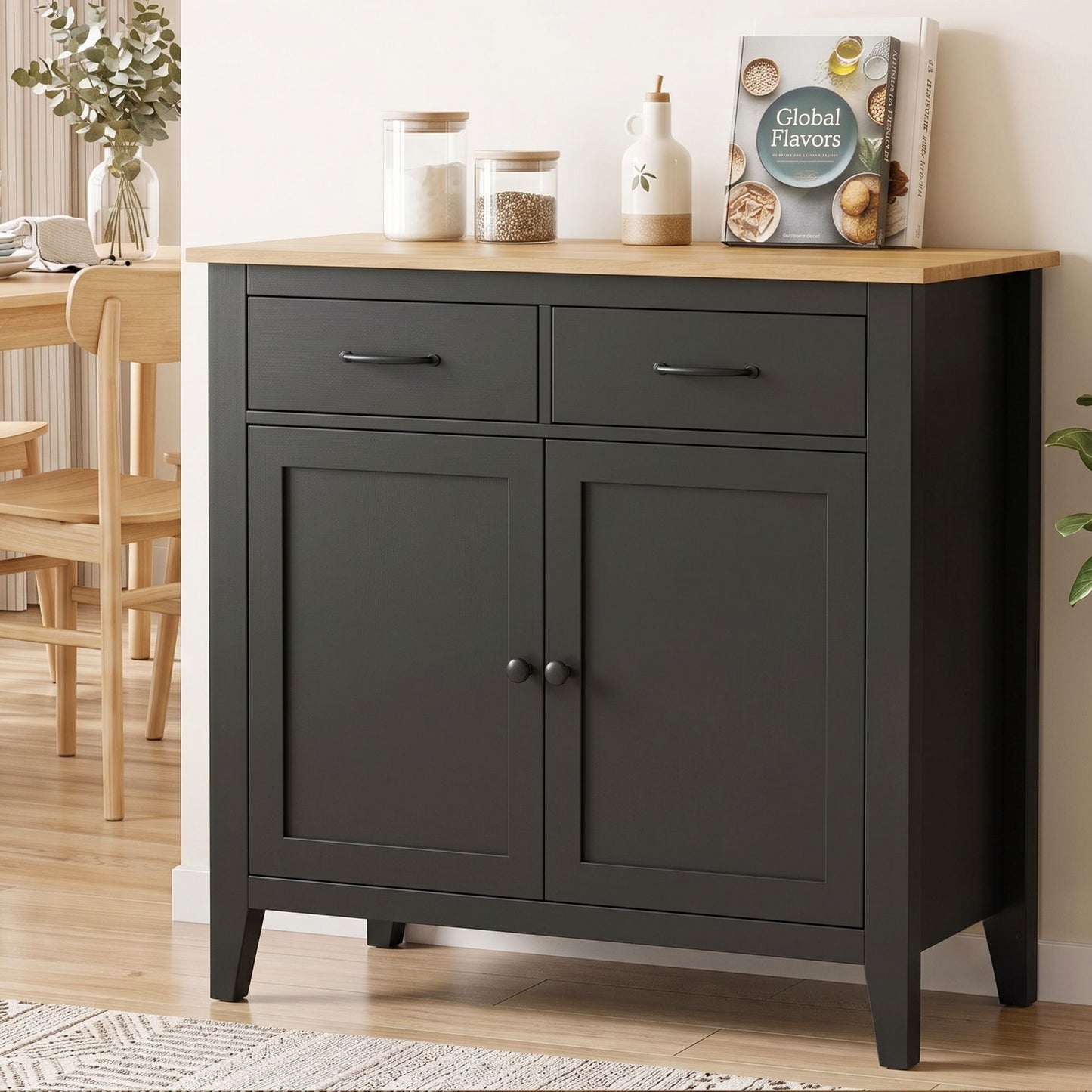 Thatcher Buffet Sideboard Storage Cabinet Kitchen Cupboard Hallway 2 Drawers - Black