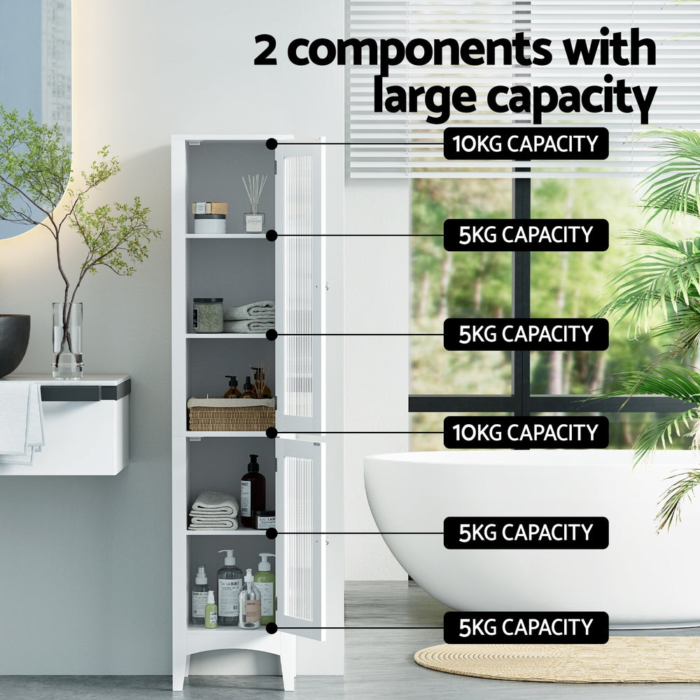 Bathroom Storage Cabinet 160cm Tall Slim Floor Cupboard Toilet Glass Door White
