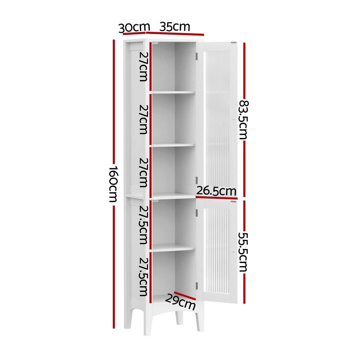 Set of 2 Bathroom Storage Cabinet 160cm Tall Slim Floor Cupboard Toilet Glass Door White