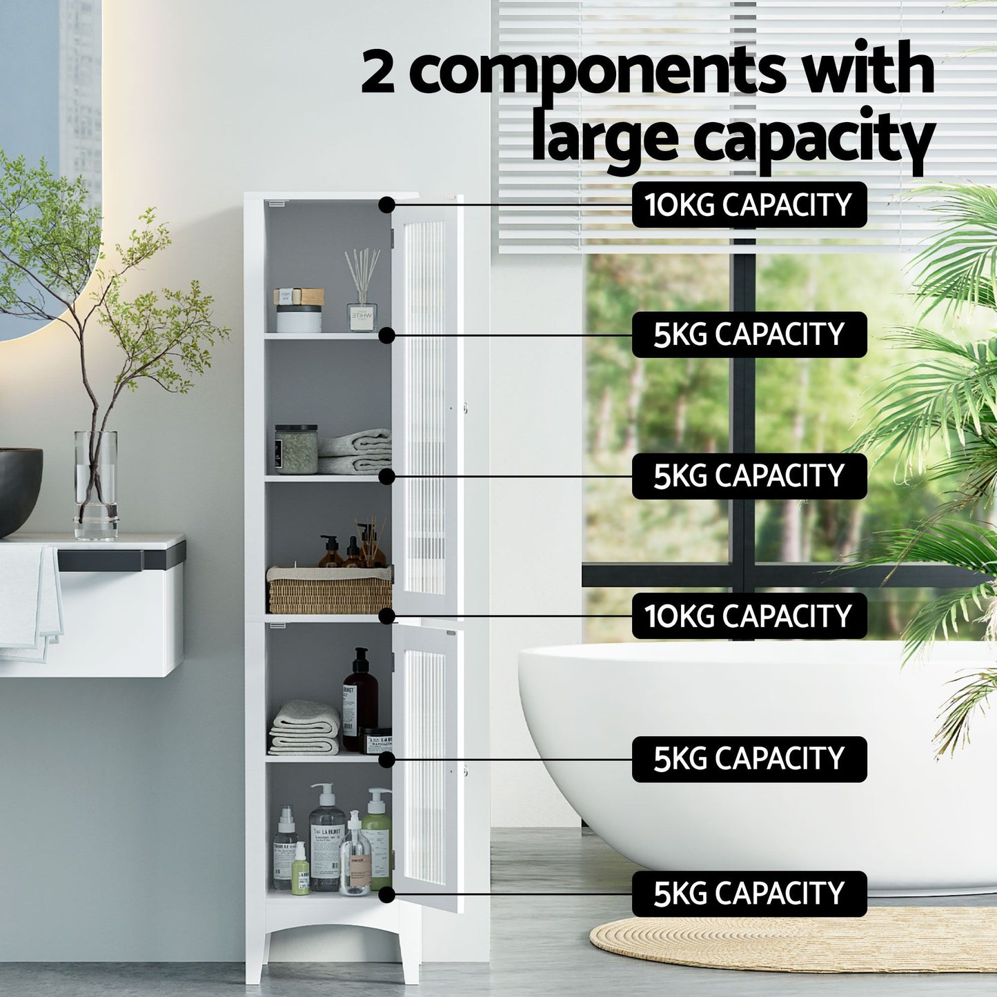 Set of 2 Bathroom Storage Cabinet 160cm Tall Slim Floor Cupboard Toilet Glass Door White