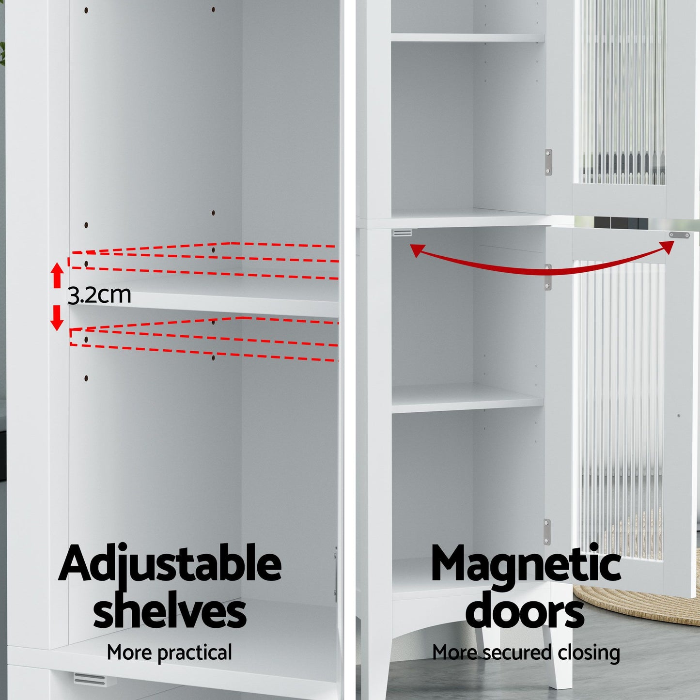 Set of 2 Bathroom Storage Cabinet 160cm Tall Slim Floor Cupboard Toilet Glass Door White
