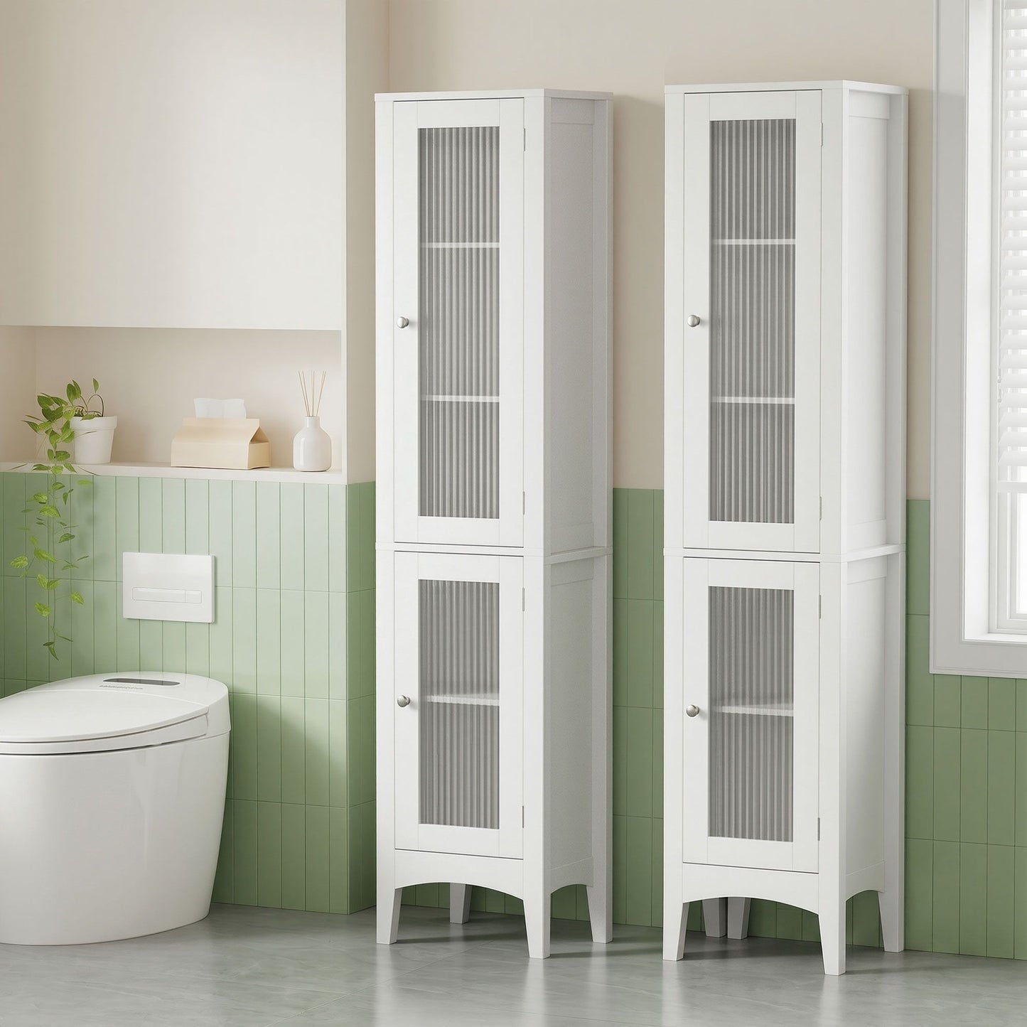 Set of 2 Bathroom Storage Cabinet 160cm Tall Slim Floor Cupboard Toilet Glass Door White
