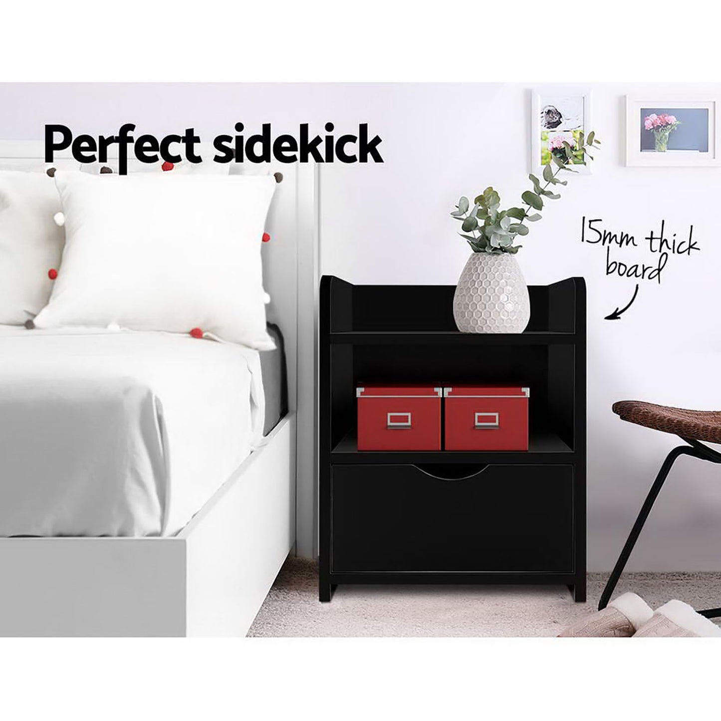 Set of 2 Baddeck Bedside Tables 1 Drawer with Shelf - Black