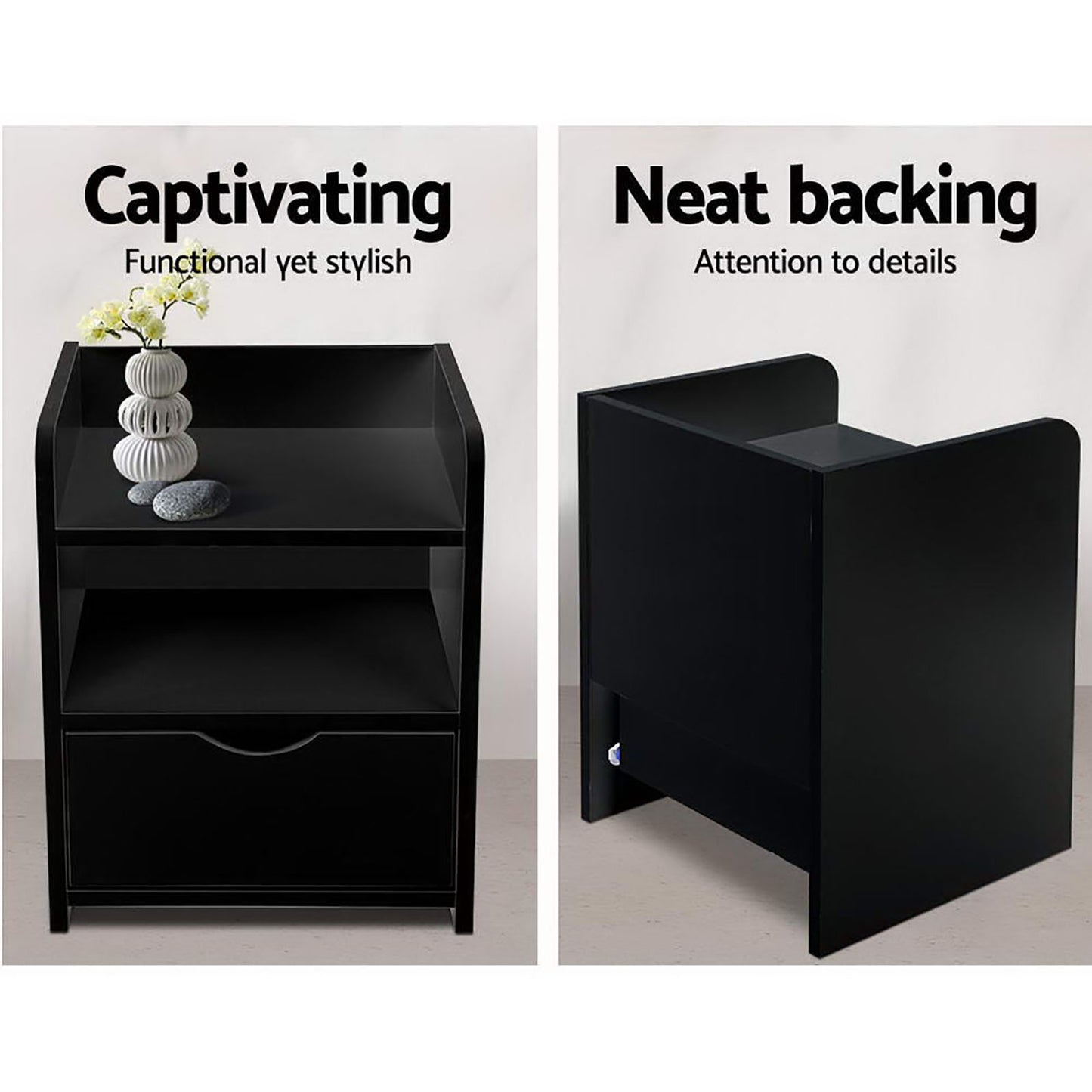 Set of 2 Baddeck Bedside Tables 1 Drawer with Shelf - Black