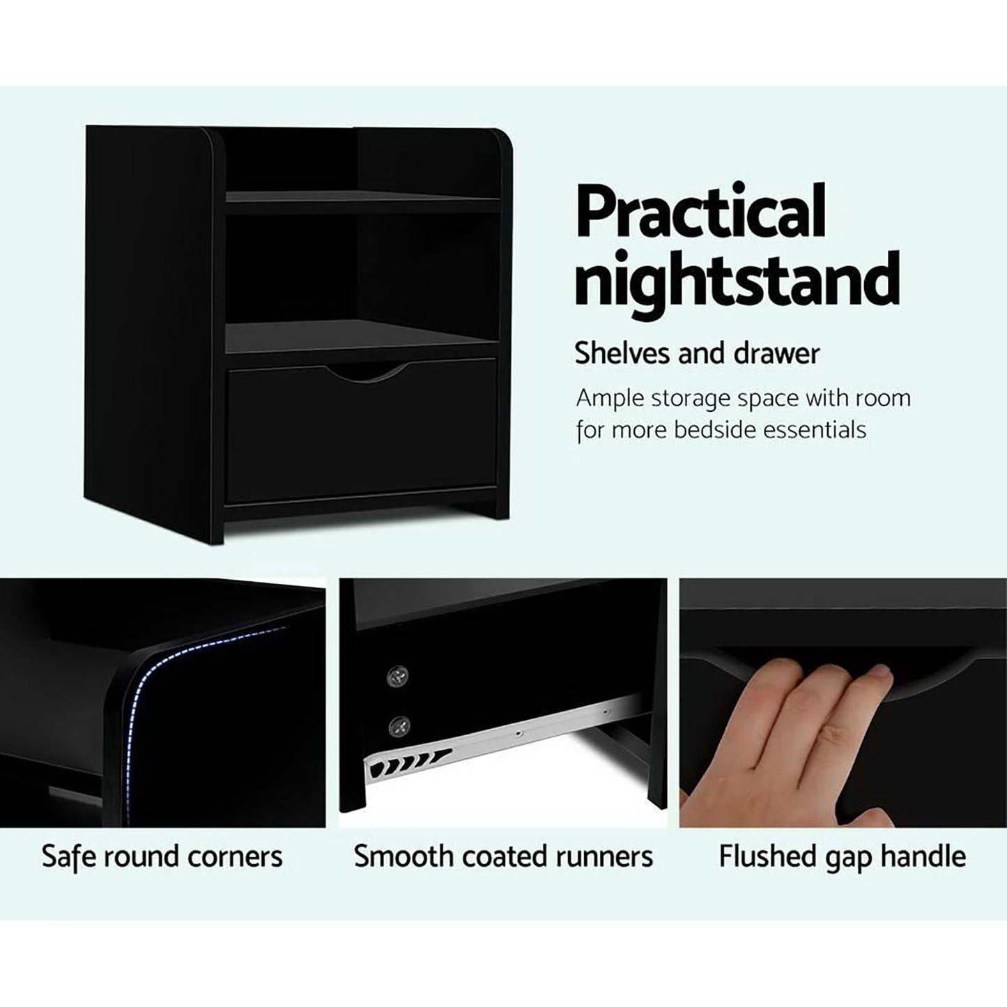 Set of 2 Baddeck Bedside Tables 1 Drawer with Shelf - Black