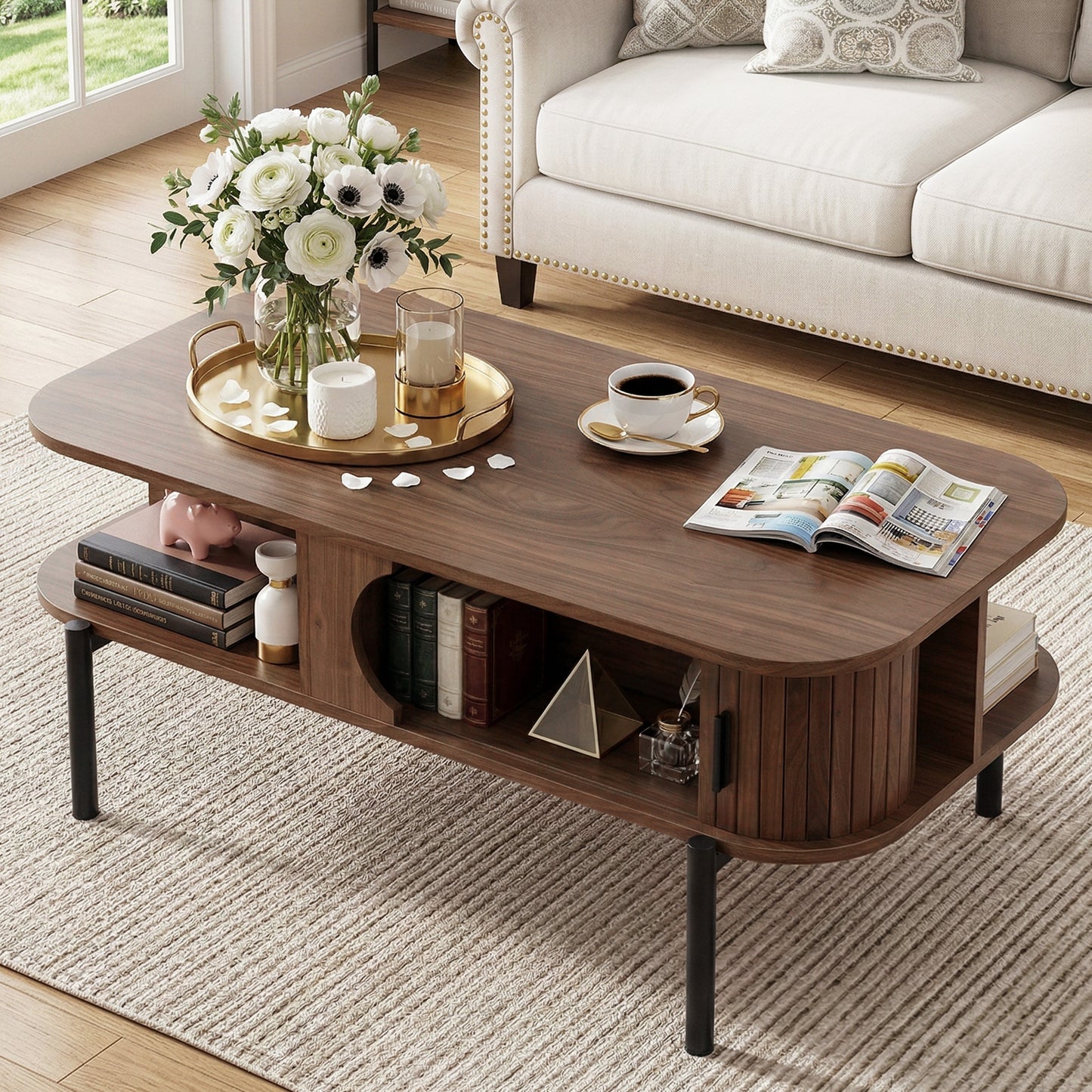 Iphito Coffee Table Living Room Center Table Shelf Cabinet Walnut