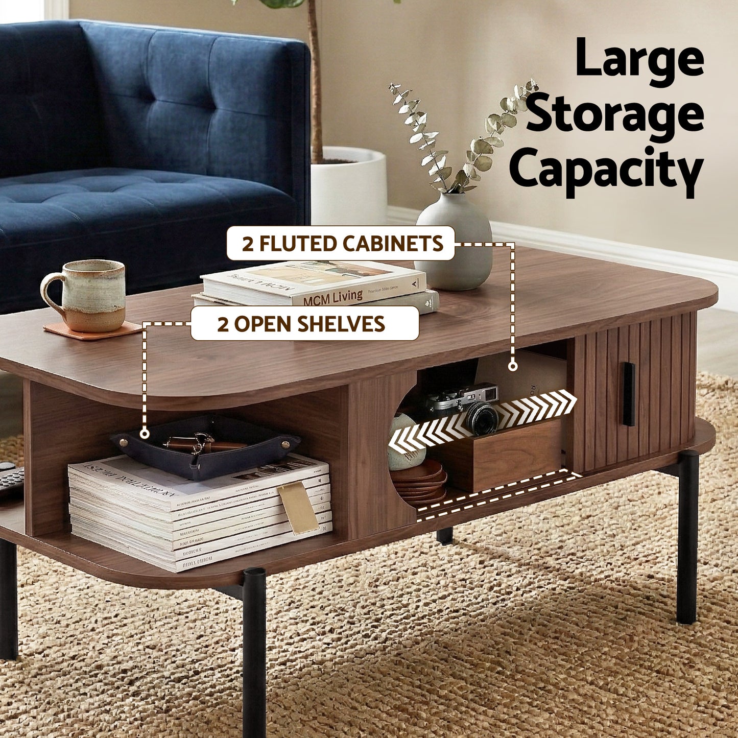 Iphito Coffee Table Living Room Center Table Shelf Cabinet Walnut