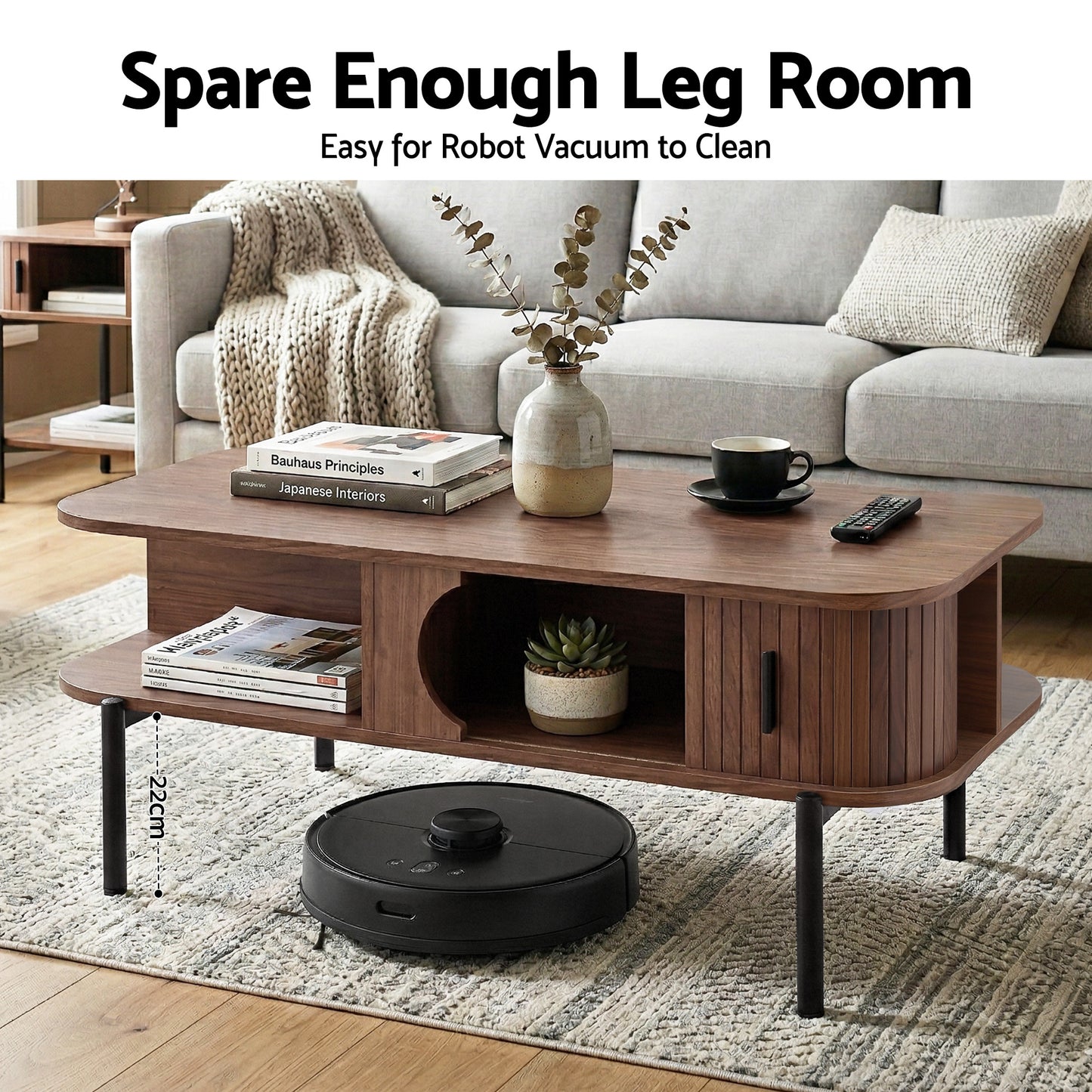 Iphito Coffee Table Living Room Center Table Shelf Cabinet Walnut