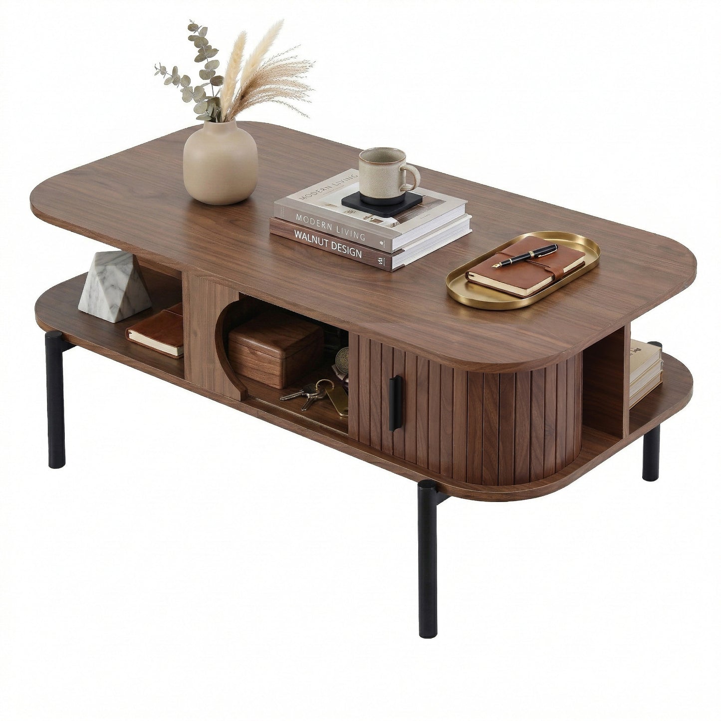 Iphito Coffee Table Living Room Center Table Shelf Cabinet Walnut