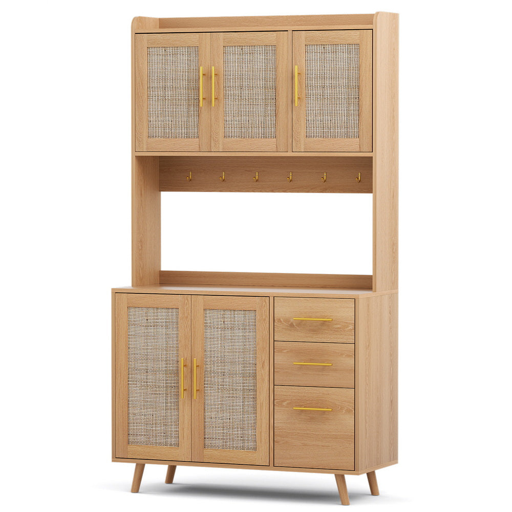 Truett Buffet Sideboard Hutch Storage Cabinet Kitchen Cupboard Hooks Rattan - Pine