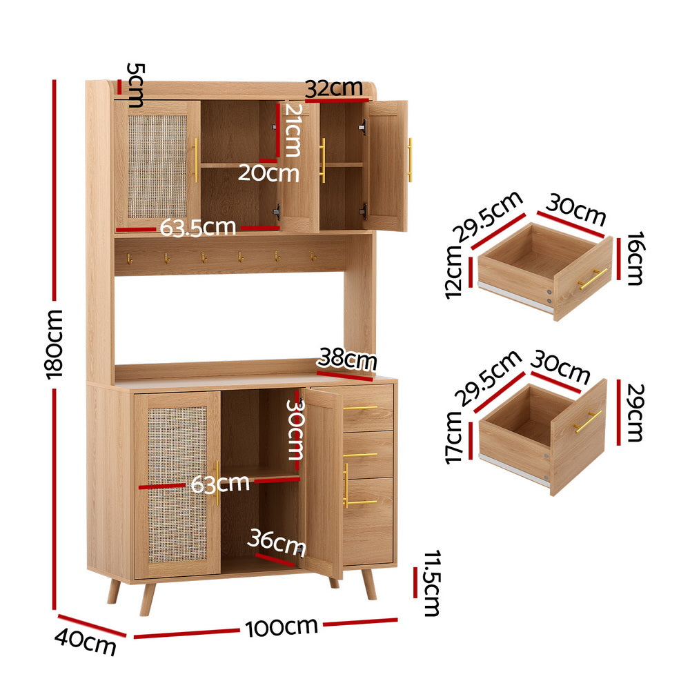 Truett Buffet Sideboard Hutch Storage Cabinet Kitchen Cupboard Hooks Rattan - Pine