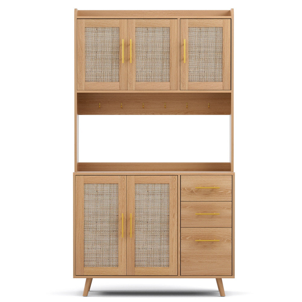 Truett Buffet Sideboard Hutch Storage Cabinet Kitchen Cupboard Hooks Rattan - Pine