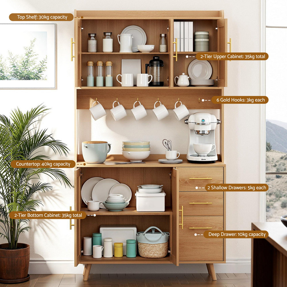 Truett Buffet Sideboard Hutch Storage Cabinet Kitchen Cupboard Hooks Rattan - Pine