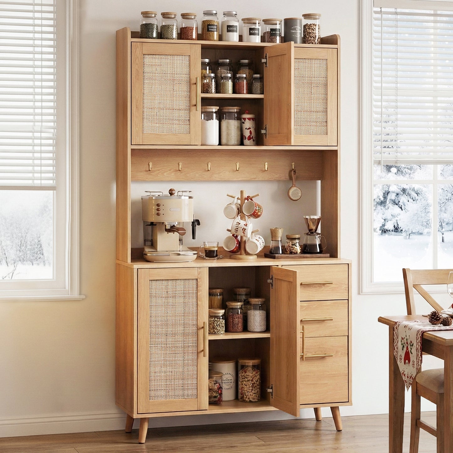 Truett Buffet Sideboard Hutch Storage Cabinet Kitchen Cupboard Hooks Rattan - Pine