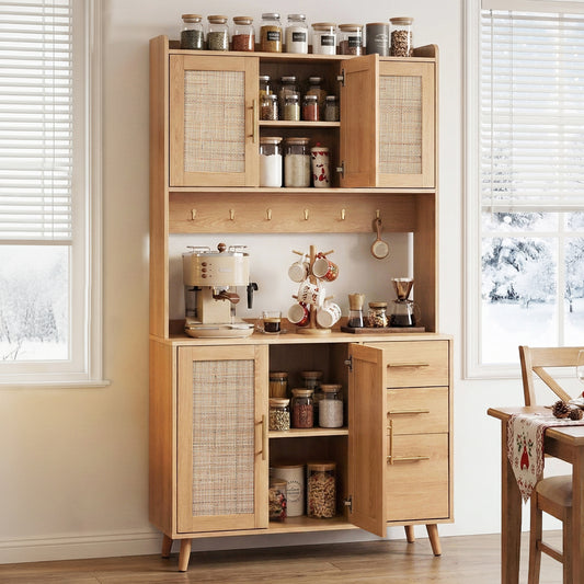 Truett Buffet Sideboard Hutch Storage Cabinet Kitchen Cupboard Hooks Rattan - Pine