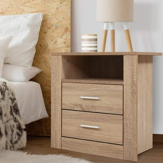 Barrie Wooden Bedside Tables Storage Cabinet Shelf Side End Table Oak with 2 Drawers - Oak