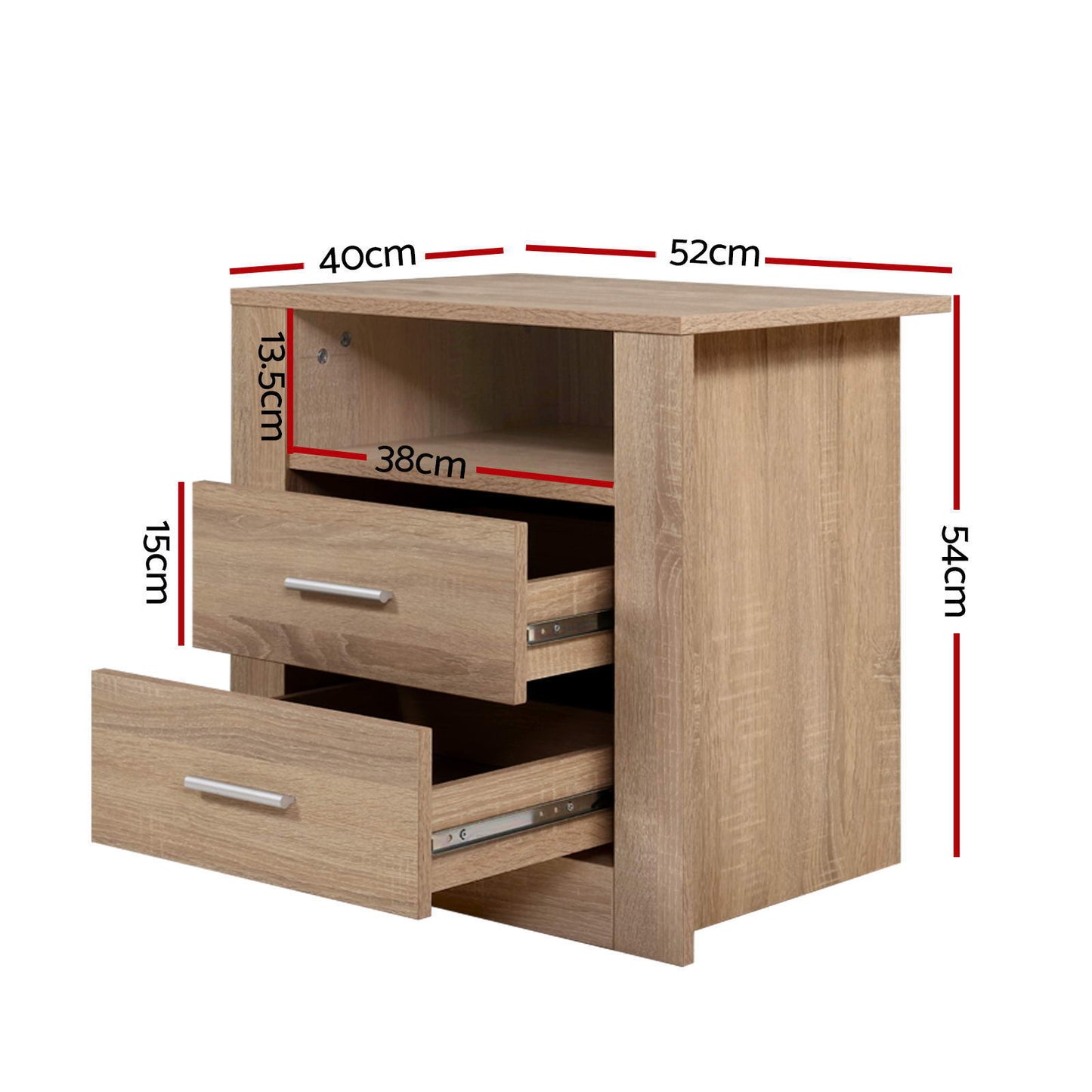 Set of 2 Barrie Bedside Tables with Shelf with 2 Drawers - Oak