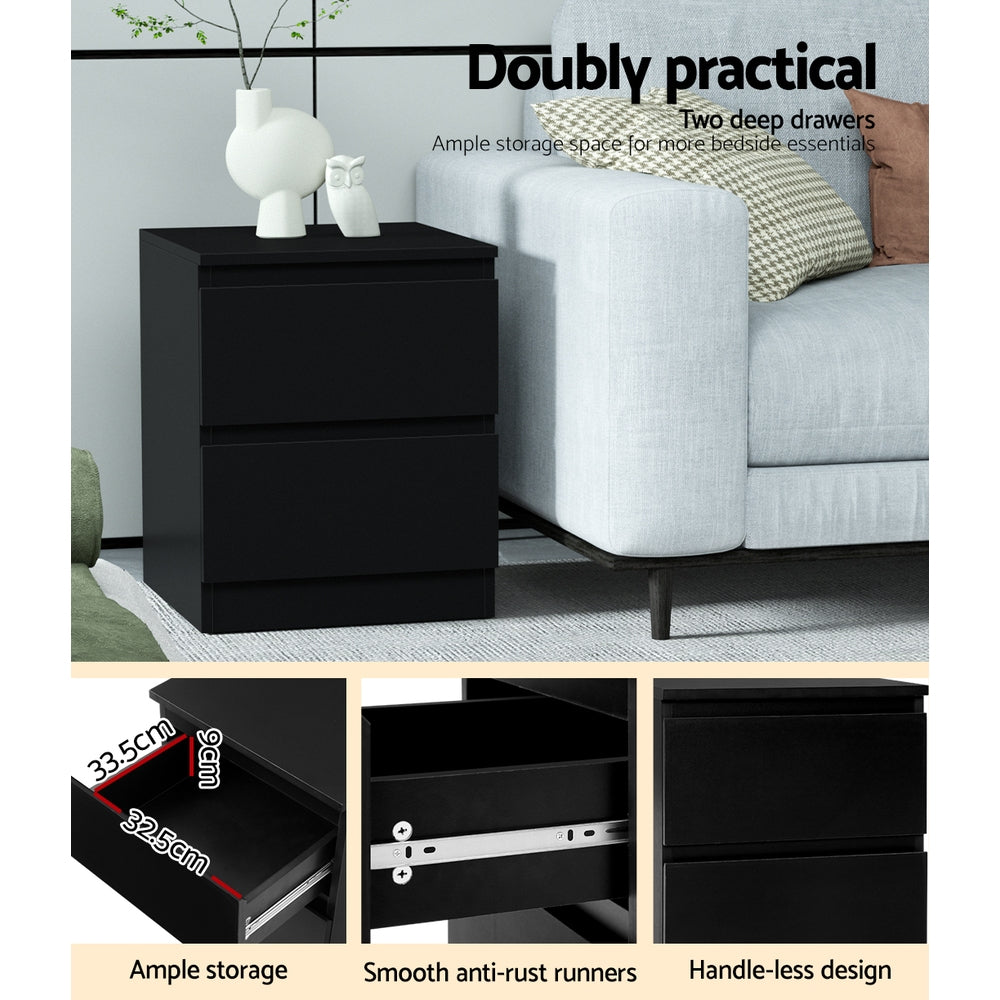 Set of 2 Kenora Bedside Tables with 2 Drawers - Black