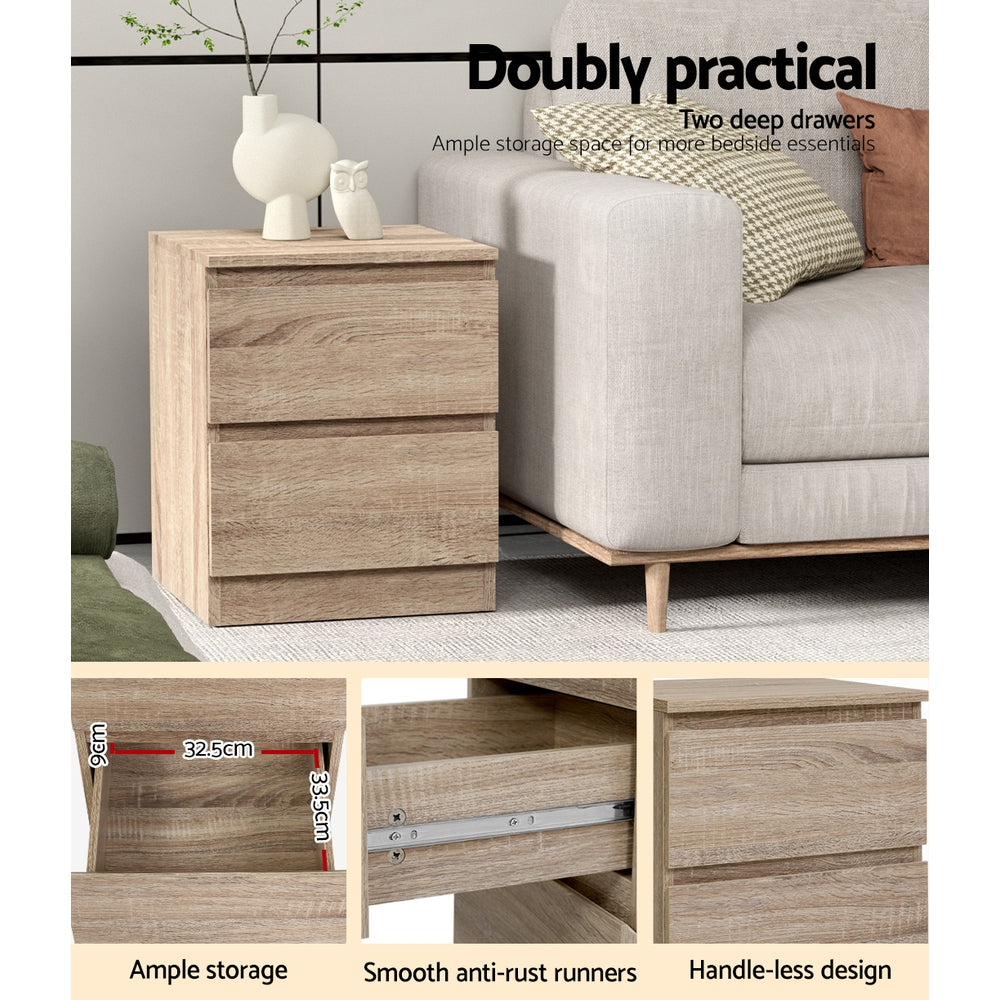 Set of 2 Kenora Bedside Tables with 2 Drawers - Oak