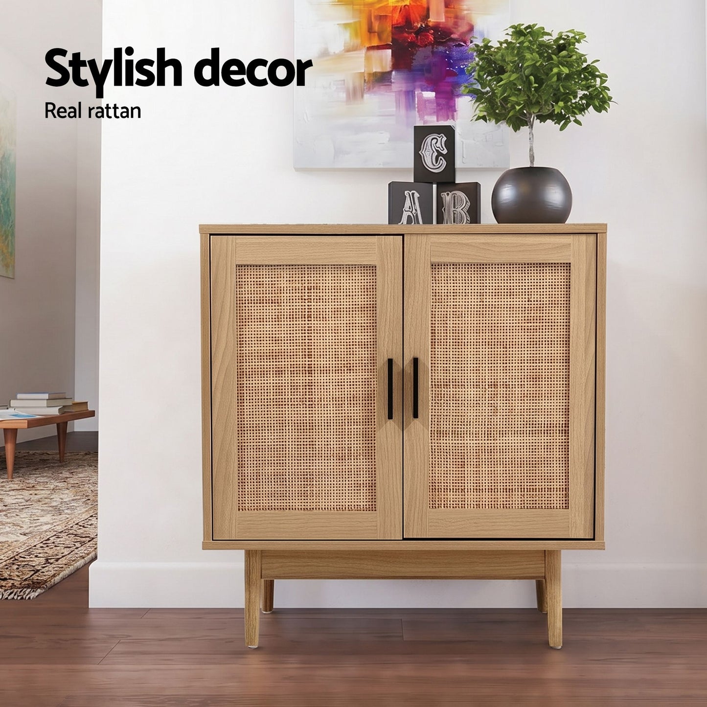 Set of 2 Rowan Rattan Buffet Sideboard 2 Doors - Natural Wood