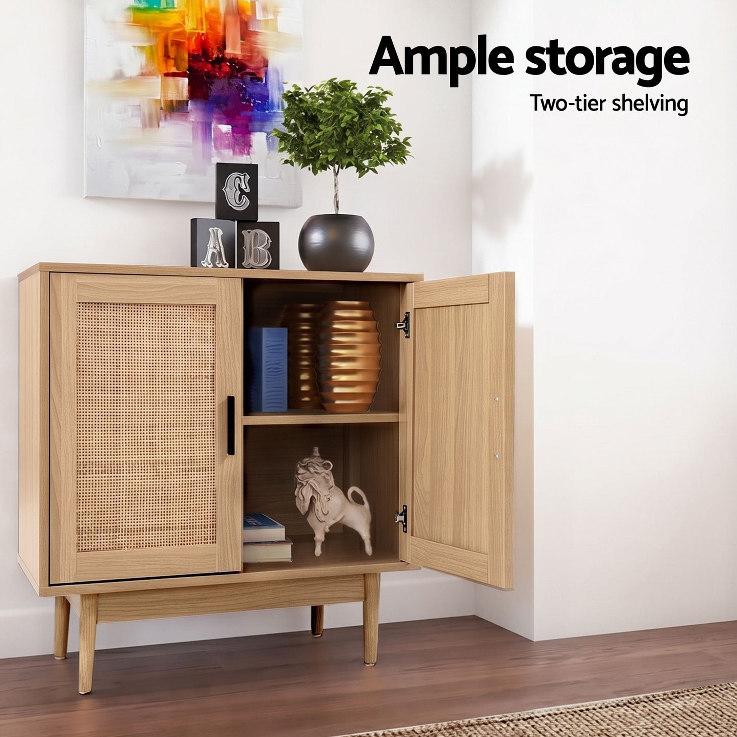Set of 2 Rowan Rattan Buffet Sideboard 2 Doors - Natural Wood