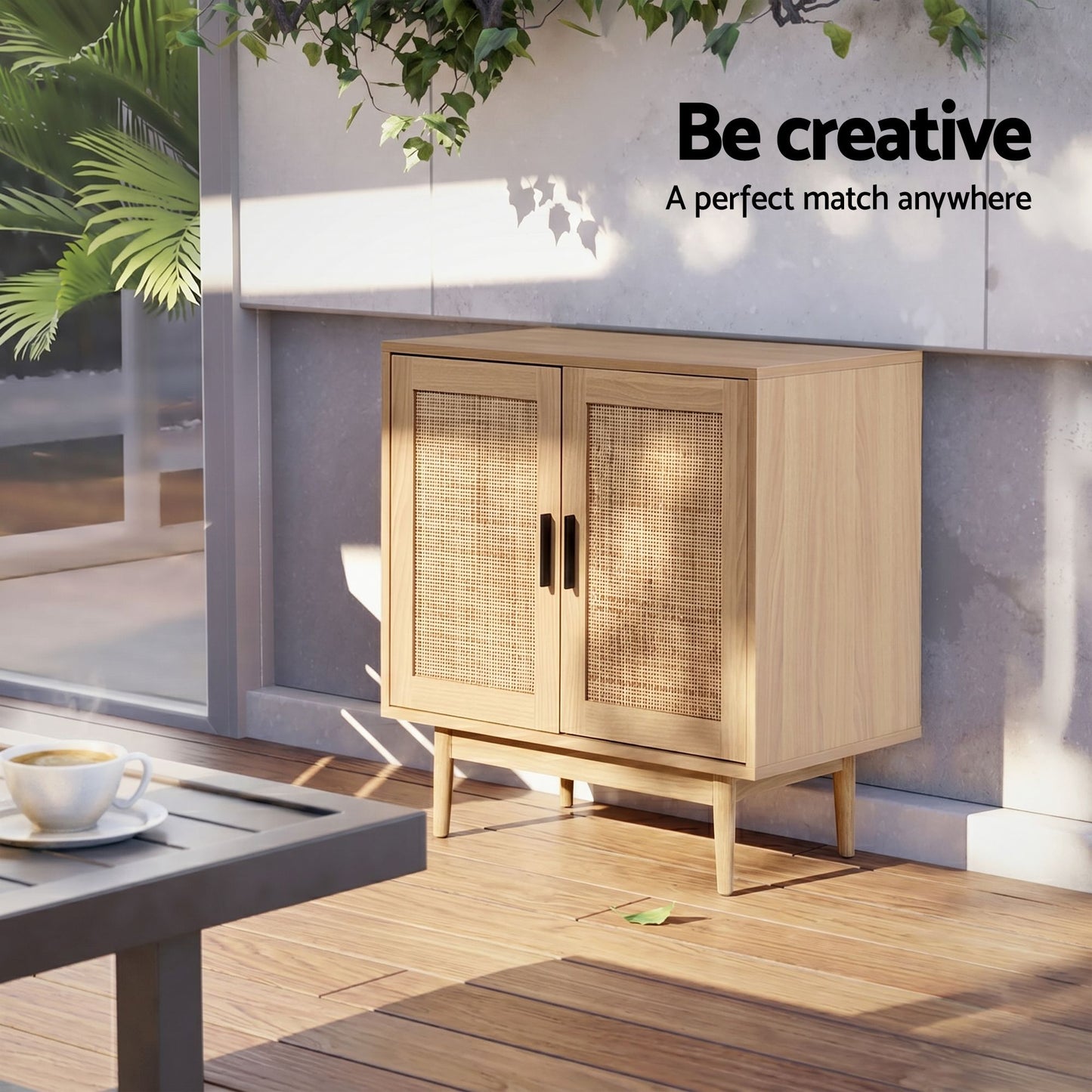 Set of 2 Rowan Rattan Buffet Sideboard 2 Doors - Natural Wood
