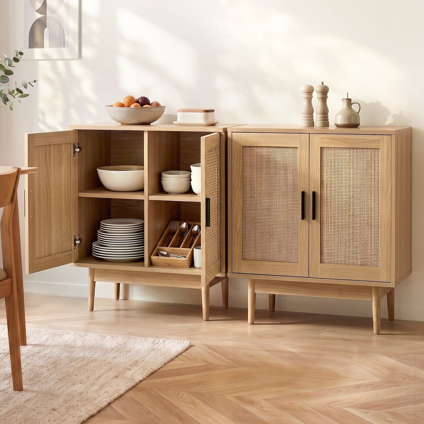 Set of 2 Rowan Rattan Buffet Sideboard 2 Doors - Natural Wood