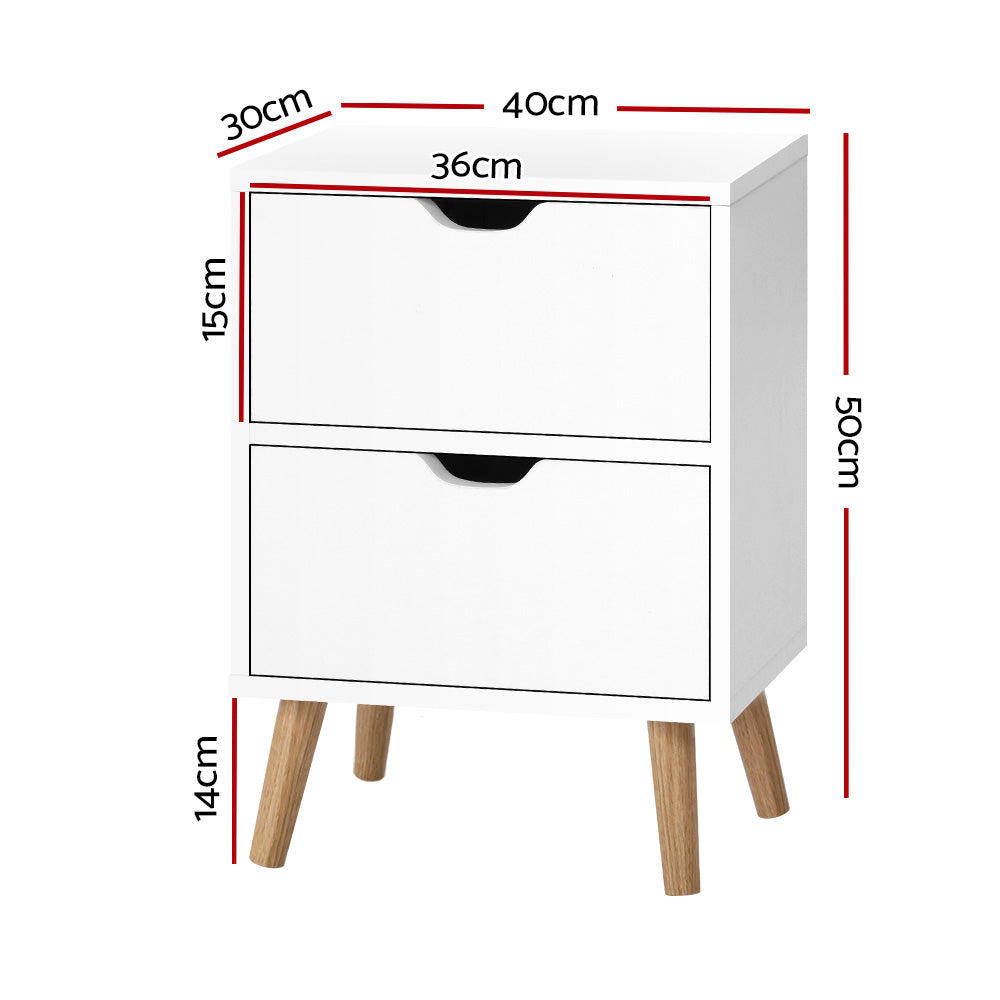 Orillia Bedside Table Nightstand with 2 Cabinet Drawers - White