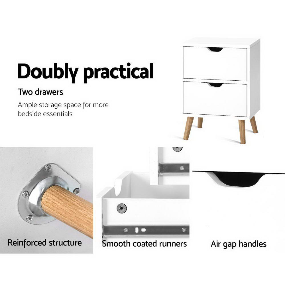 Orillia Bedside Table Nightstand with 2 Cabinet Drawers - White