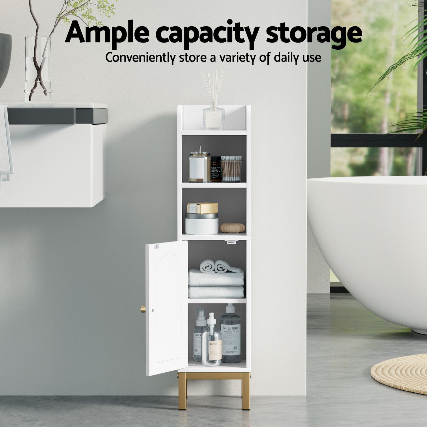 Set of 2 Bathroom Storage Cabinet Floor Organizer Toilet Corner Adjustable Shelf with Door White