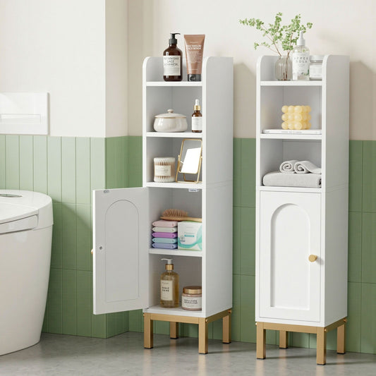 Set of 2 Bathroom Storage Cabinet Floor Organizer Toilet Corner Adjustable Shelf with Door White