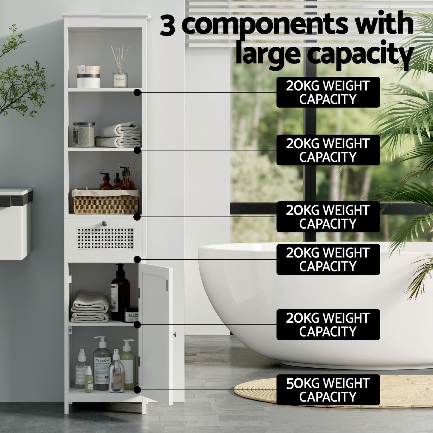 Bathroom Cabinet Storage X2 White Rattan 161cm