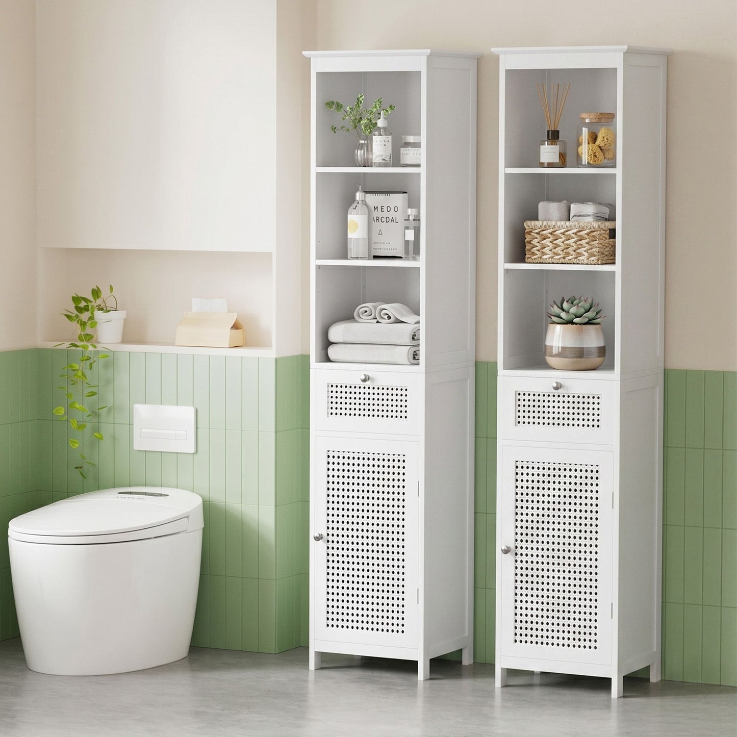 Bathroom Cabinet Storage X2 White Rattan 161cm