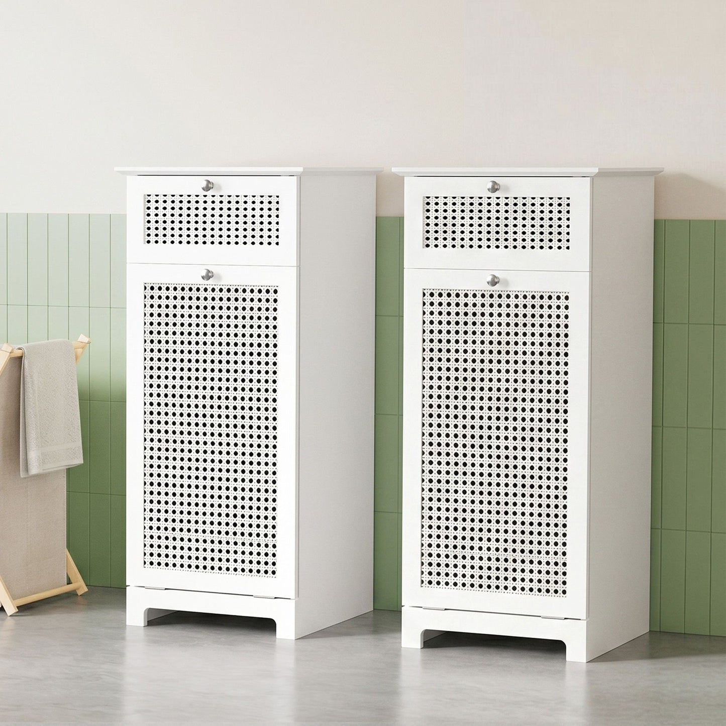 Set of 2 Laundry Hamper Cabinet Bathroom Storage White Rattan