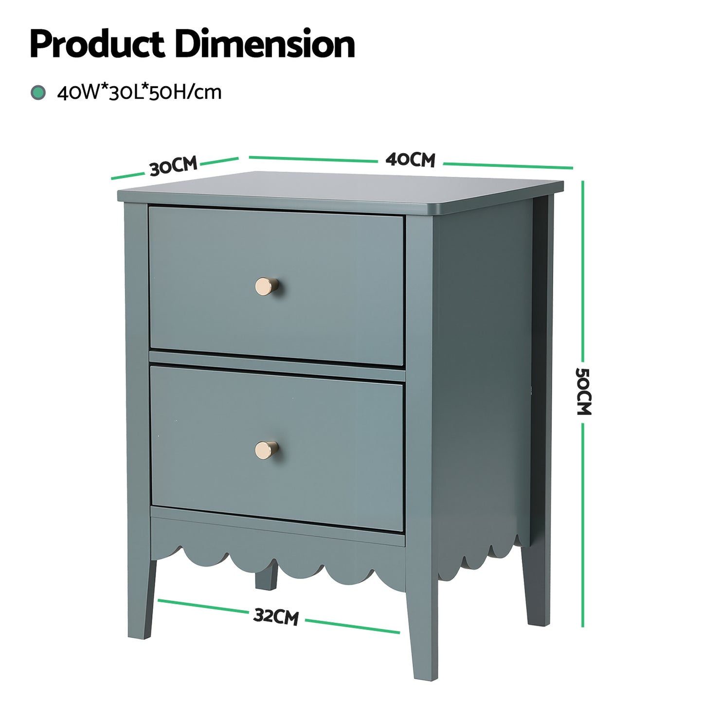 Simcoe Bedside Tables Bedroom Storage Nightstand with 2 Drawers - Green