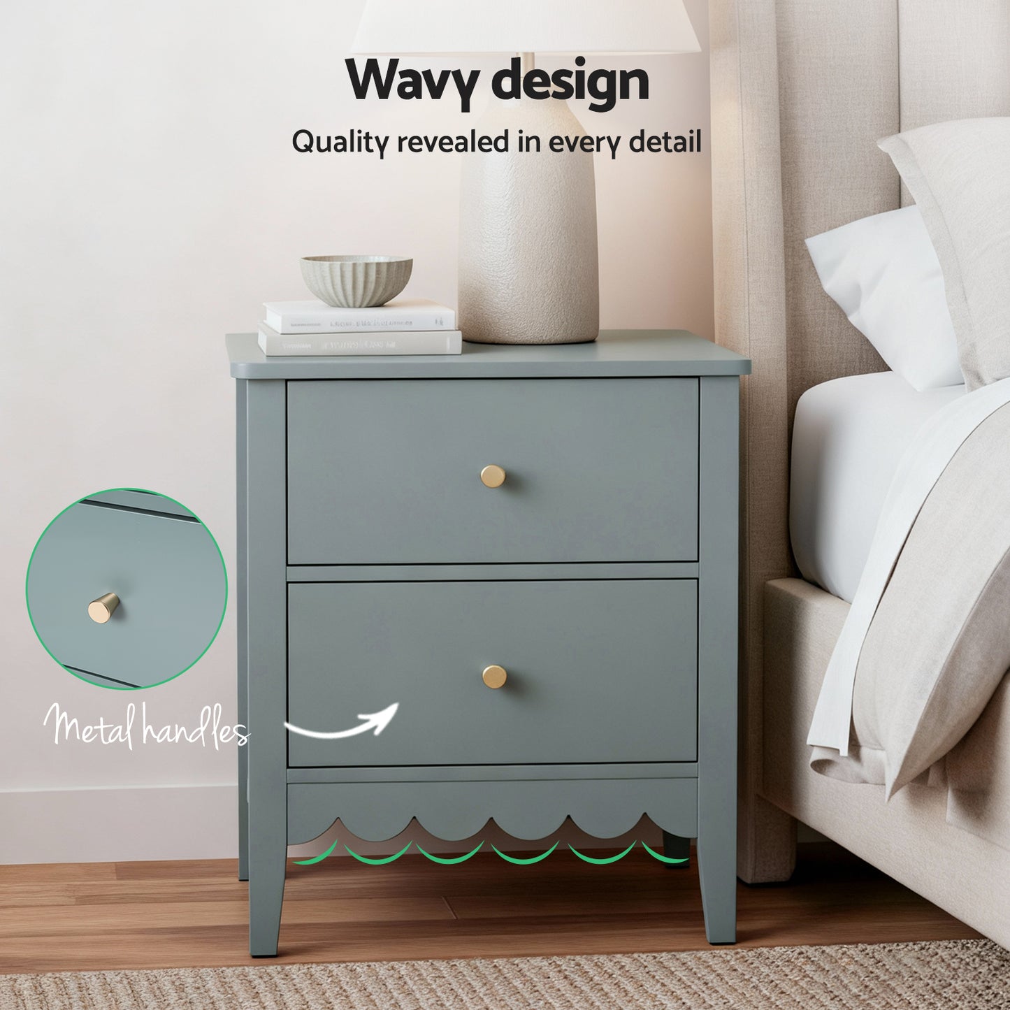 Simcoe Bedside Tables Bedroom Storage Nightstand with 2 Drawers - Green