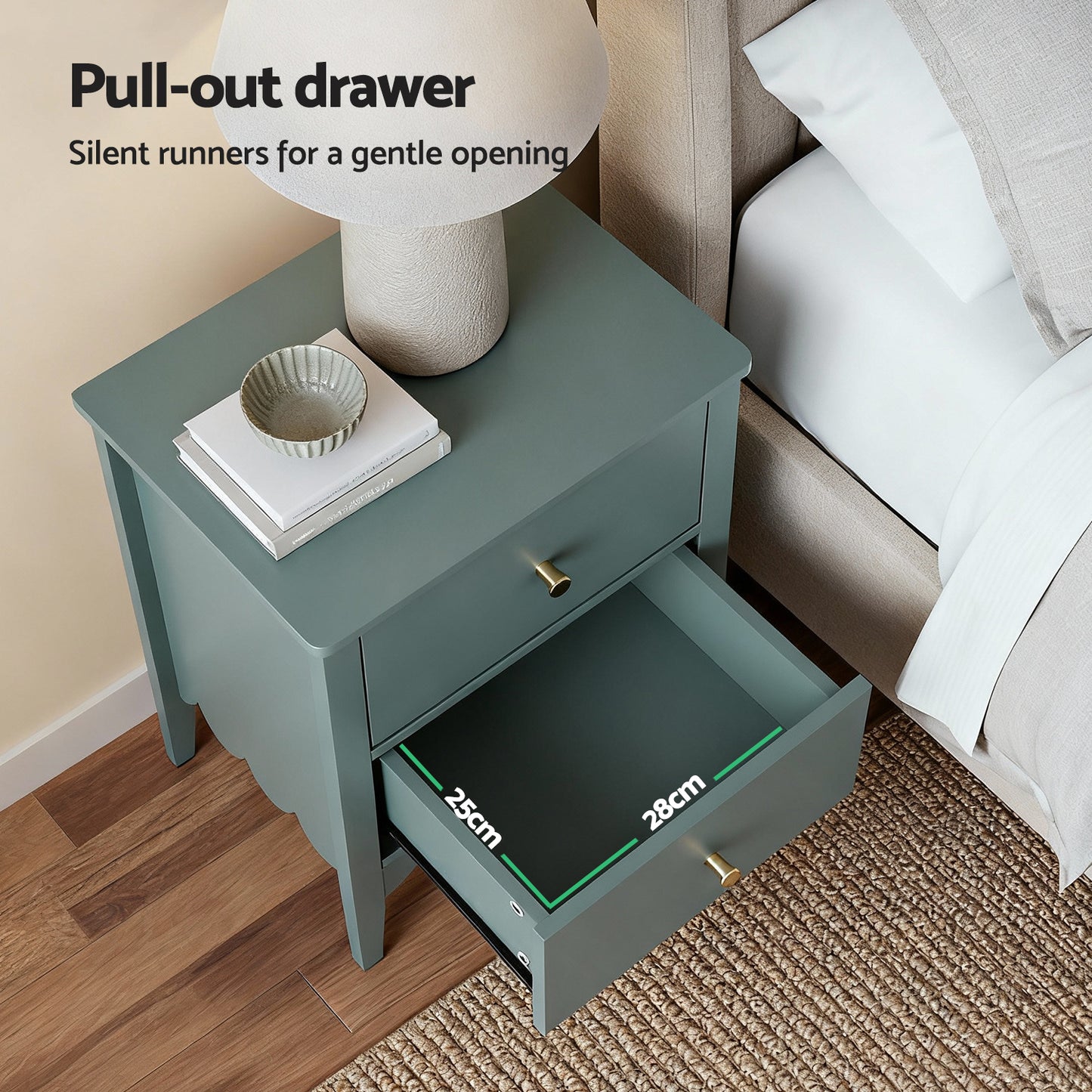 Simcoe Bedside Tables Bedroom Storage Nightstand with 2 Drawers - Green