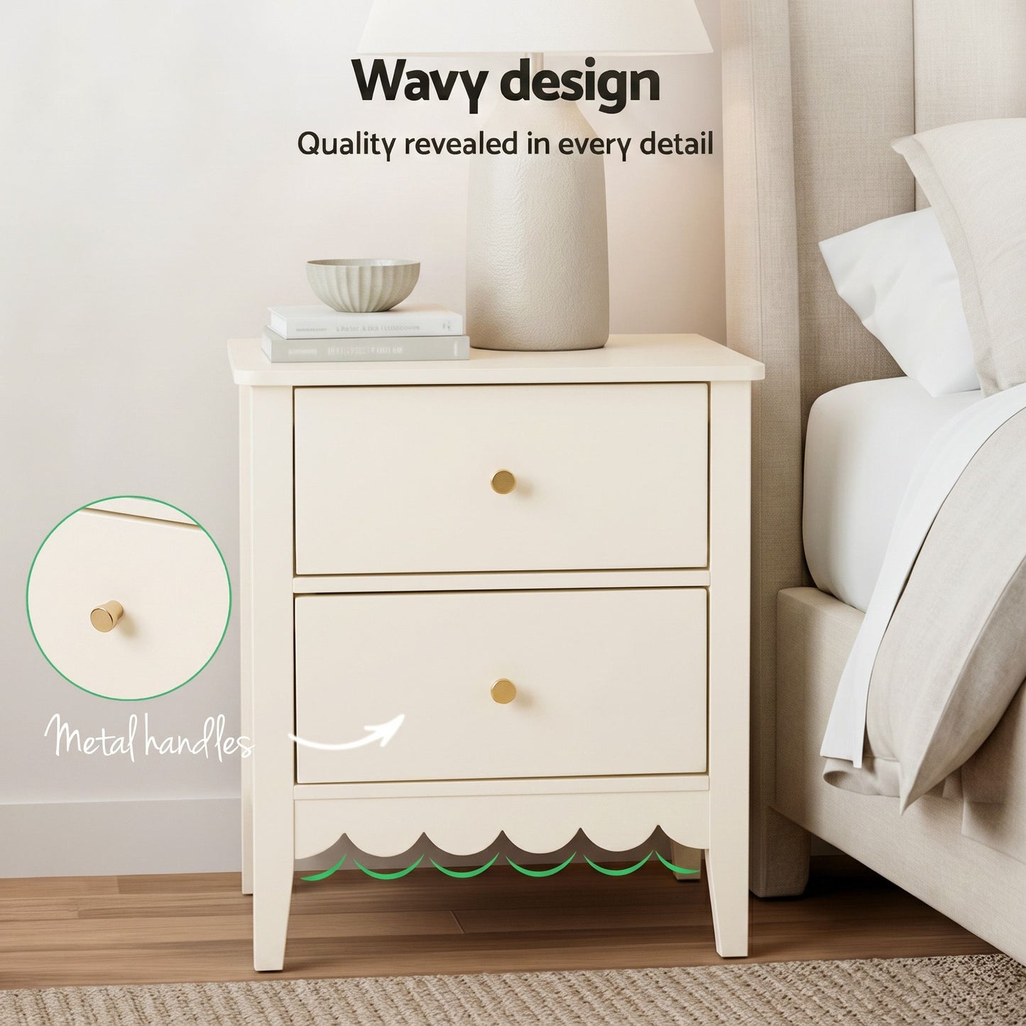 Simcoe Bedside Tables Bedroom Storage Nightstand with 2 Drawers - White