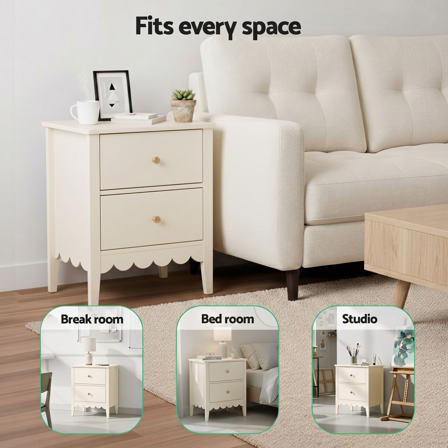 Simcoe Bedside Tables Bedroom Storage Nightstand with 2 Drawers - White