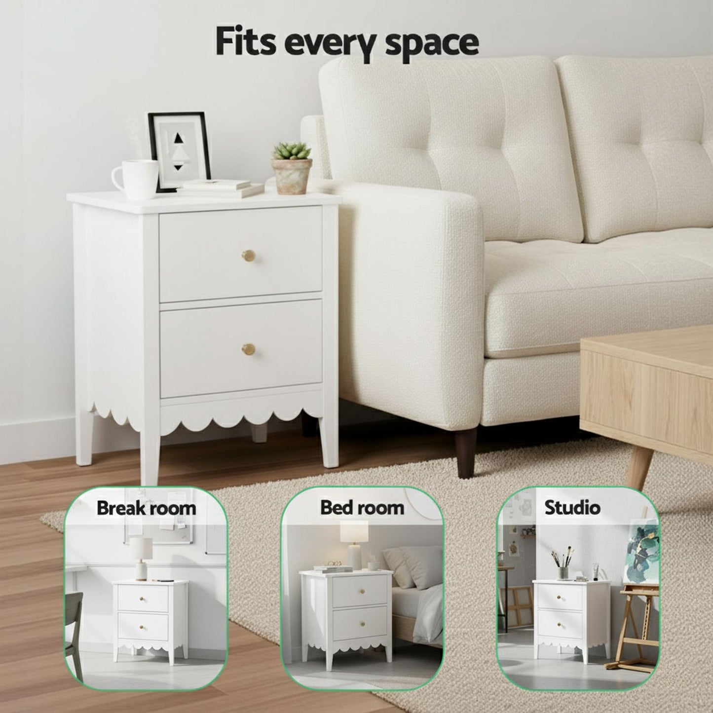 Simcoe Bedside Tables Bedroom Storage Nightstand with 2 Drawers - White