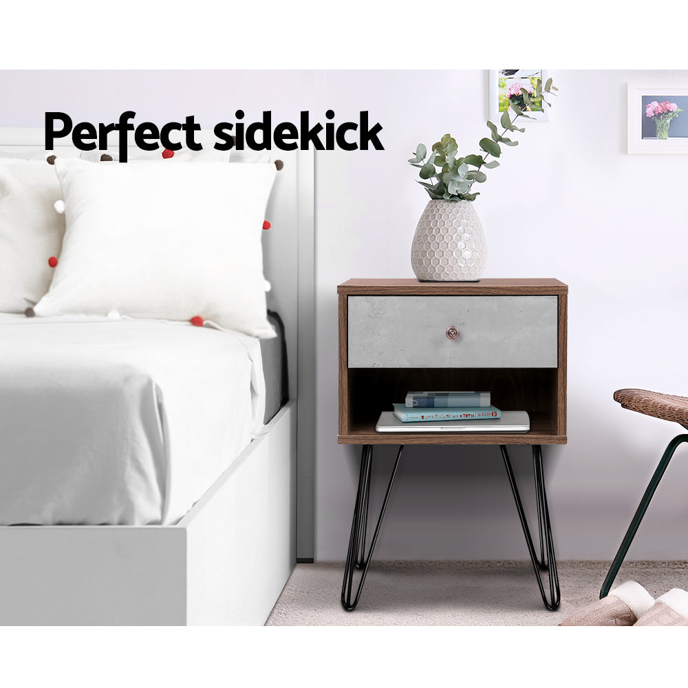 Thorold Wooden Bedside Tables - Grey & Walnut