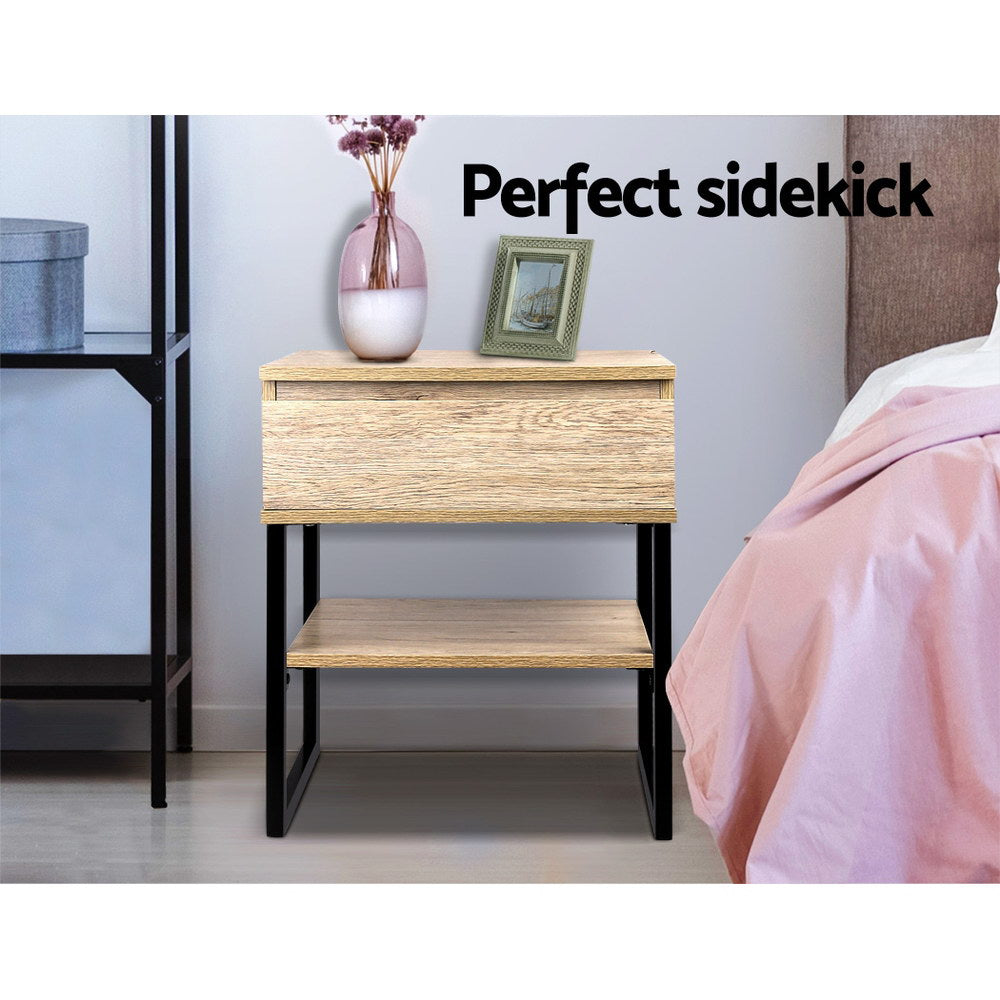 Welland Particle Board & Metal Bedside Tables Chest Style - Natural Wood